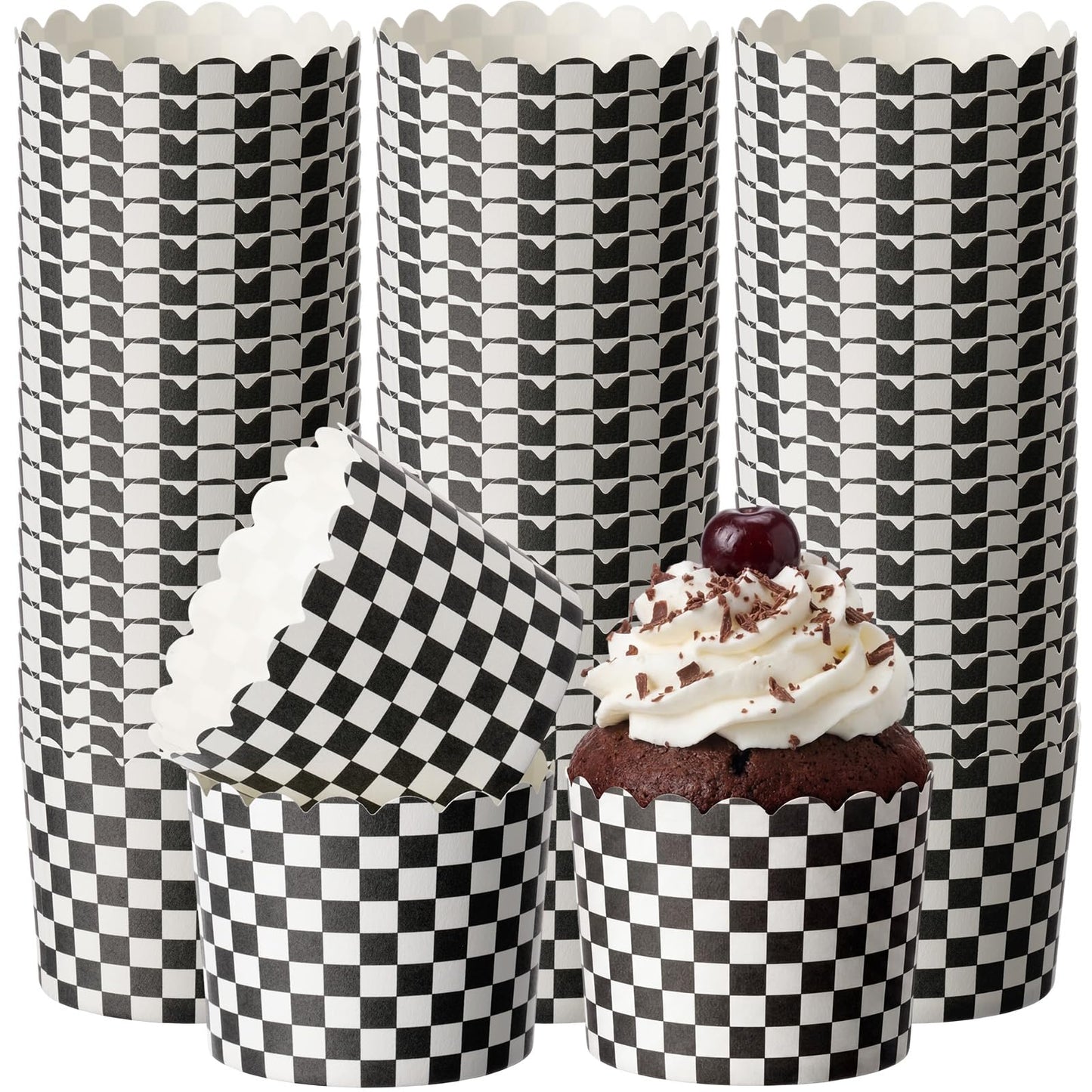 Qinyoung 150 Pcs Race Car Checkered Cupcake Wrappers Liners Black and White Paper Baking Cup Greaseproof Disposable Scalloped Checkered Flag Muffin Case for Racing Car Birthday Party Baby Shower Decor