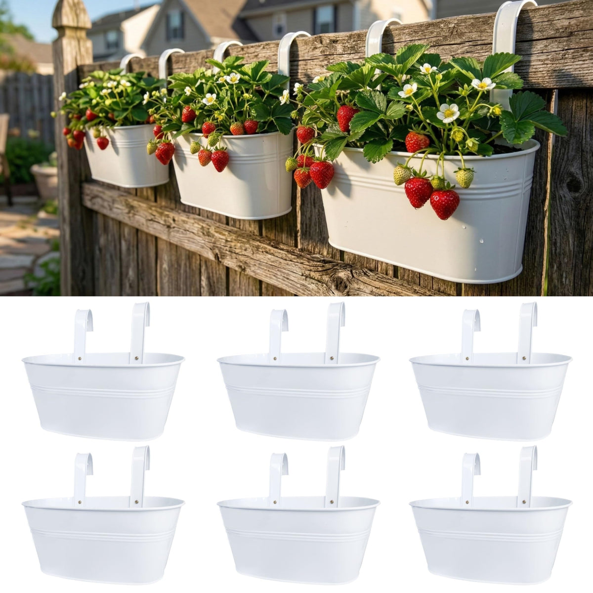 LaLaGreen Outdoor Rail Planter (6 Pack, 9.8 Inch) Small and Cute White Metal Iron Hanging Flower Pots Deck Railings Fence Buckets Countryside Style Wall Mount Window Box Plant Holder Hooks Porch Decor