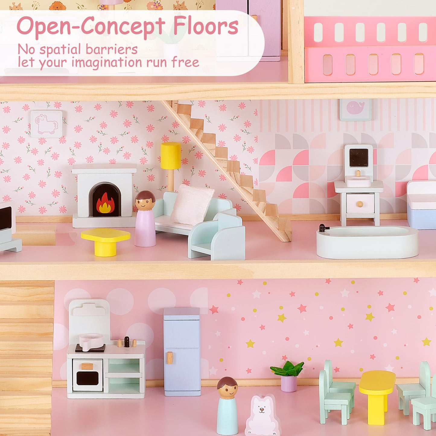 Pillowhale Wooden Dollhouse for Girls 3-Story Open Layout Playhouse with Furniture Accessories Pretend Play Role-Playing Toy Birthday Gift for Kids Ages 3+