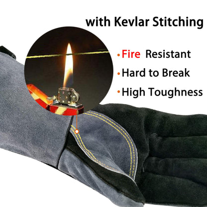 WZQH 16 Inches,932℉,Leather Welding Gloves, Heat/Fire Resistant,Large Mitts for BBQ,Oven,Grill,Fireplace,Tig,Mig,Forge,Baking,Furnace,Stove,Pot Holder,Animal Handling Glove.L Black-gray