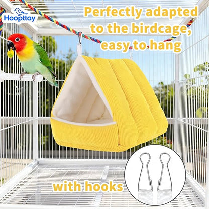 Winter Warm Bird Bed for Cage with Soft Plush Hanging Hammock & Hut Tent, Hideaway Sleeping Nest for Budgies, Cockatiels, Small Animals, and Guinea Pig Hideouts (Yellow, S)