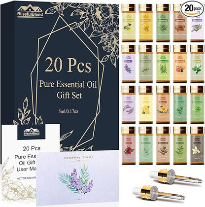 Fragrance Essential Oils Set, Essential Oils for Diffuser, for Home, Skin, Candle & Soap Making-Tea Tree, Lavender, Peppermint, Rose and More, with Gift Card for Friend, Teacher, Mom(20×5ml
