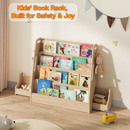 AMBIRD Kids Bookshelf with Drawers & Hooks, 4-Tier Forward-Facing Book Display for Toddlers, Wooden Magazine Rack with Hidden Toy Storage, Montessori-inspired Bookcase for Bedroom, Nursery & Classroom