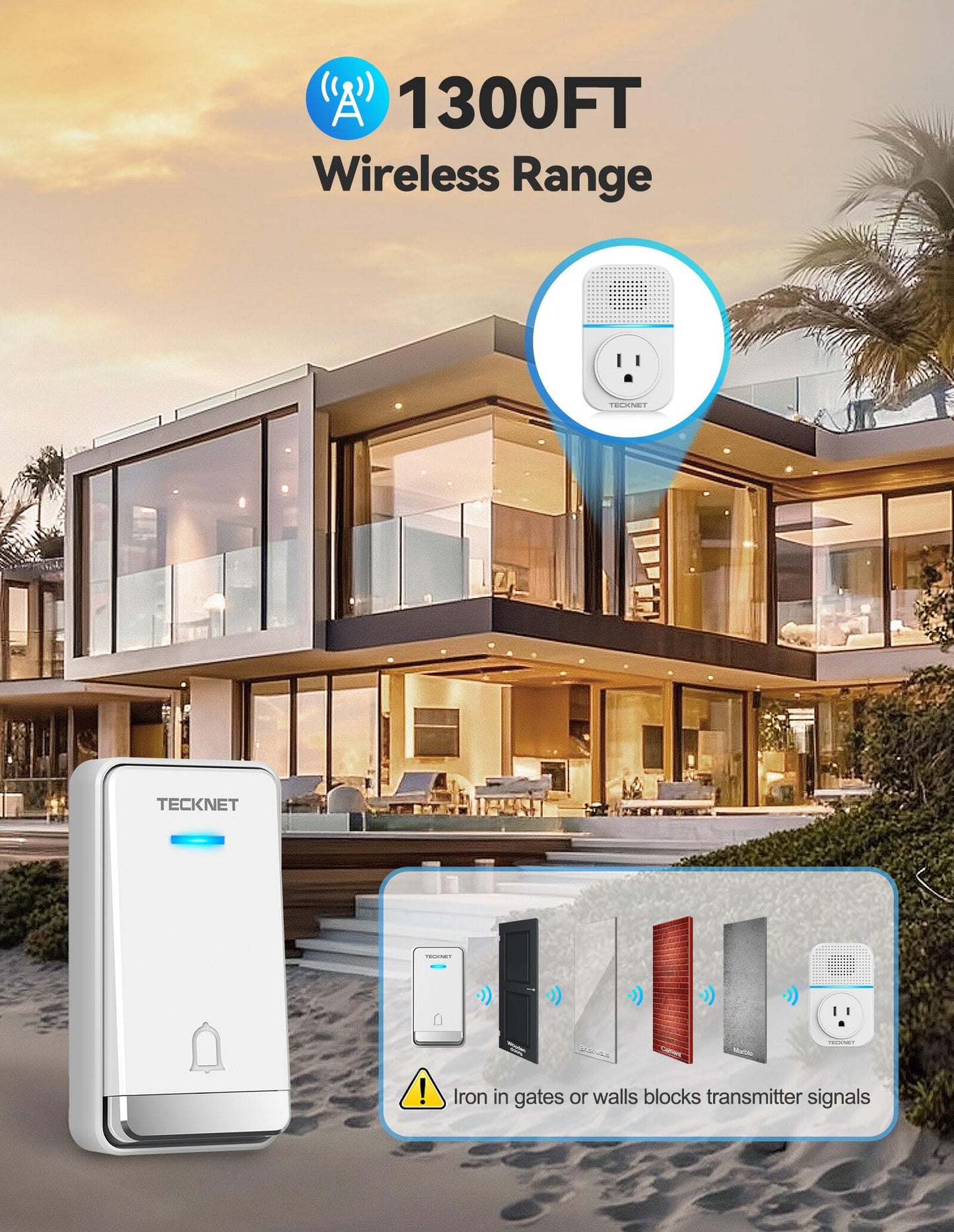 TECKNET Wireless Doorbell, Self-Powered Doorbell, 0-110db Plug-through Wireless Doorbell Ringer for Homes Classroom, IP66 Waterproof 1300ft Door Chime with Extra Socket, 60 Chimes, LED Light (White)