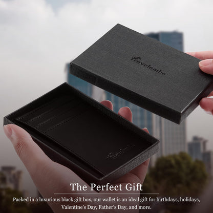 Travelambo 100% Genuine Leather Wallet for Men and Women, Slim Minimalist RFID Blocking Front Pocket Credit Card Holder with Gift Box