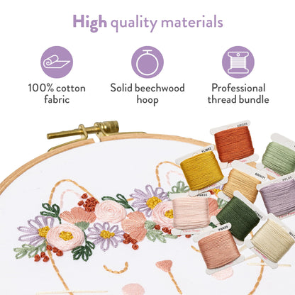 Clever Poppy Flora the Cat Beginner Embroidery Kit – Easy Embroidery Kit for Beginners with Hoop, Thread & Patterns – Hand Embroidery Kit for Adults and Teens – Complete Embroidery Starter Kit