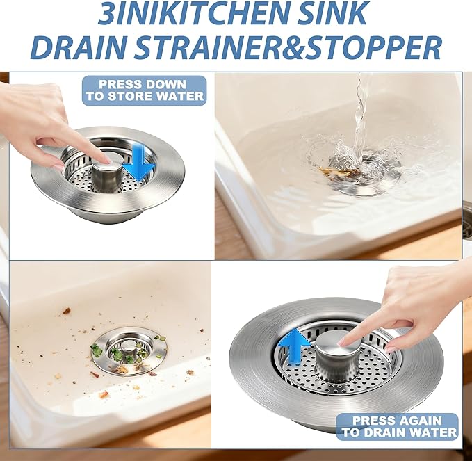 Kitchen Sink Drain Strainer, Stainless Steel 3-in-1 Pop-up Sink Stopper