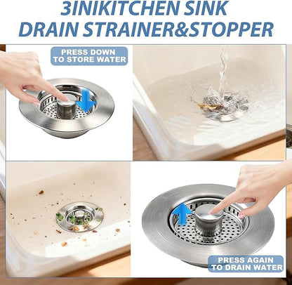 Kitchen Sink Drain Strainer, Stainless Steel 3-in-1 Pop-up Sink Stopper