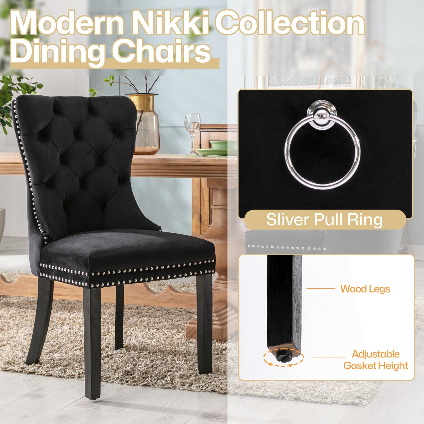 Homedraft Velvet Dining Chairs Set of 4, Nikki Collection Dining Room Chairs with Wood Legs and Pull Ring, Luxury Side Chair with Nailhead Trim and Button Tufted Back, Black