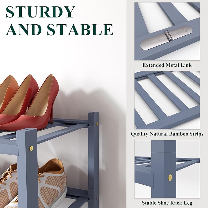 Smiry Long Bamboo Shoe Rack, 2 Tier Free Standing Wooden Shoe Organizer, Stackable Wood Shoe Storage Shelf for Closet, Entryway, 12 Vertical Slats, One-piece Standard Legs, 33.7"x11"x13", Grey