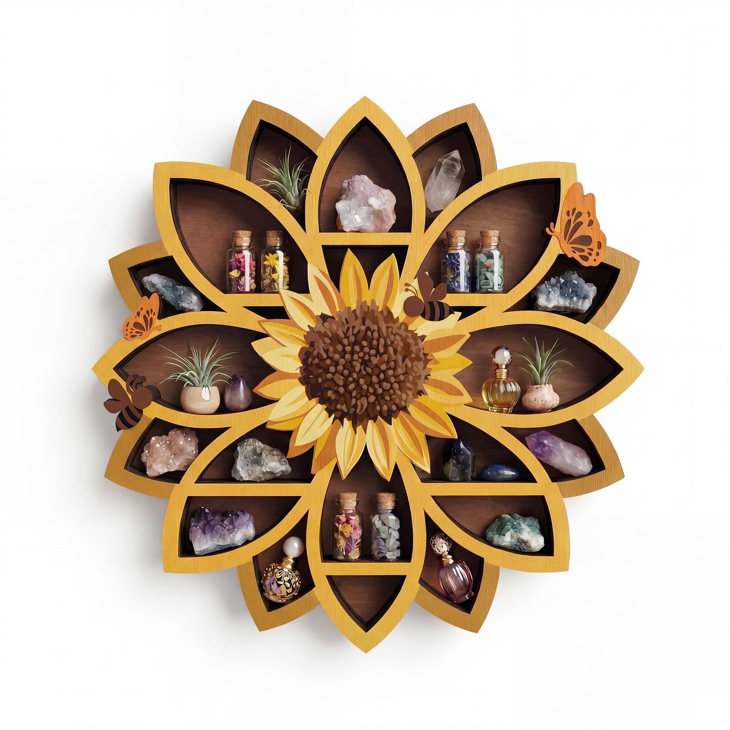 Sunflower Gifts Sunflower Decor Wall Shelf for Women with Lifelike Flower & Bee Accents, Wooden Floating Shelves Trinket Crystal Display Shelf Boho Decor for Home Bedroom, Birthday Gift for Her