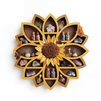Sunflower Gifts Sunflower Decor Wall Shelf for Women with Lifelike Flower & Bee Accents, Wooden Floating Shelves Trinket Crystal Display Shelf Boho Decor for Home Bedroom, Birthday Gift for Her