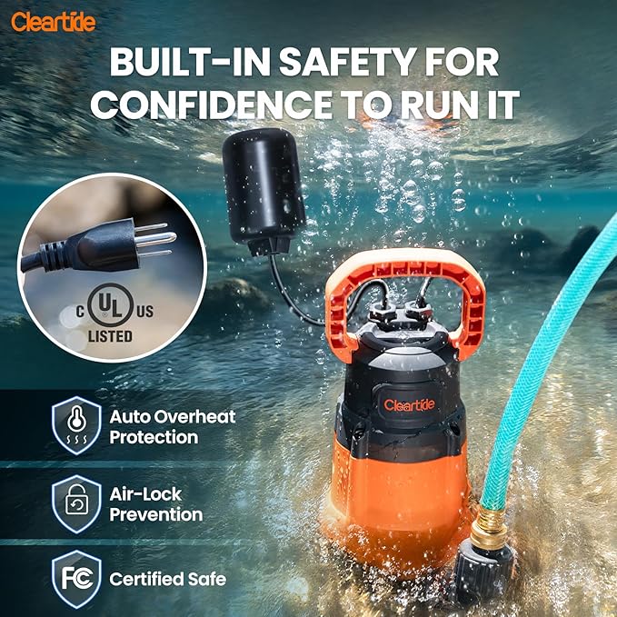 Cleartide Submersible Water Sump Pump with Float Switch, 1/3 HP 2790 GPH High Flow, 100% Copper Motor, Ideal for Pool, Ideal for Yard and Flooded Cellar, Hot Tub, Garden Irrigation,10 FT Cord