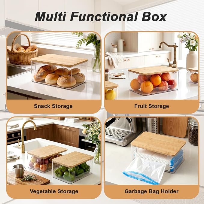 3 Pack Trash Bag Holder, Stackable Garbage Bag Dispenser with Lid | Clear Plastic Organizer with Bamboo Lid, Space-Saving Under Sink Storage for Kitchen, Laundry Room, Pantry & Cabinet
