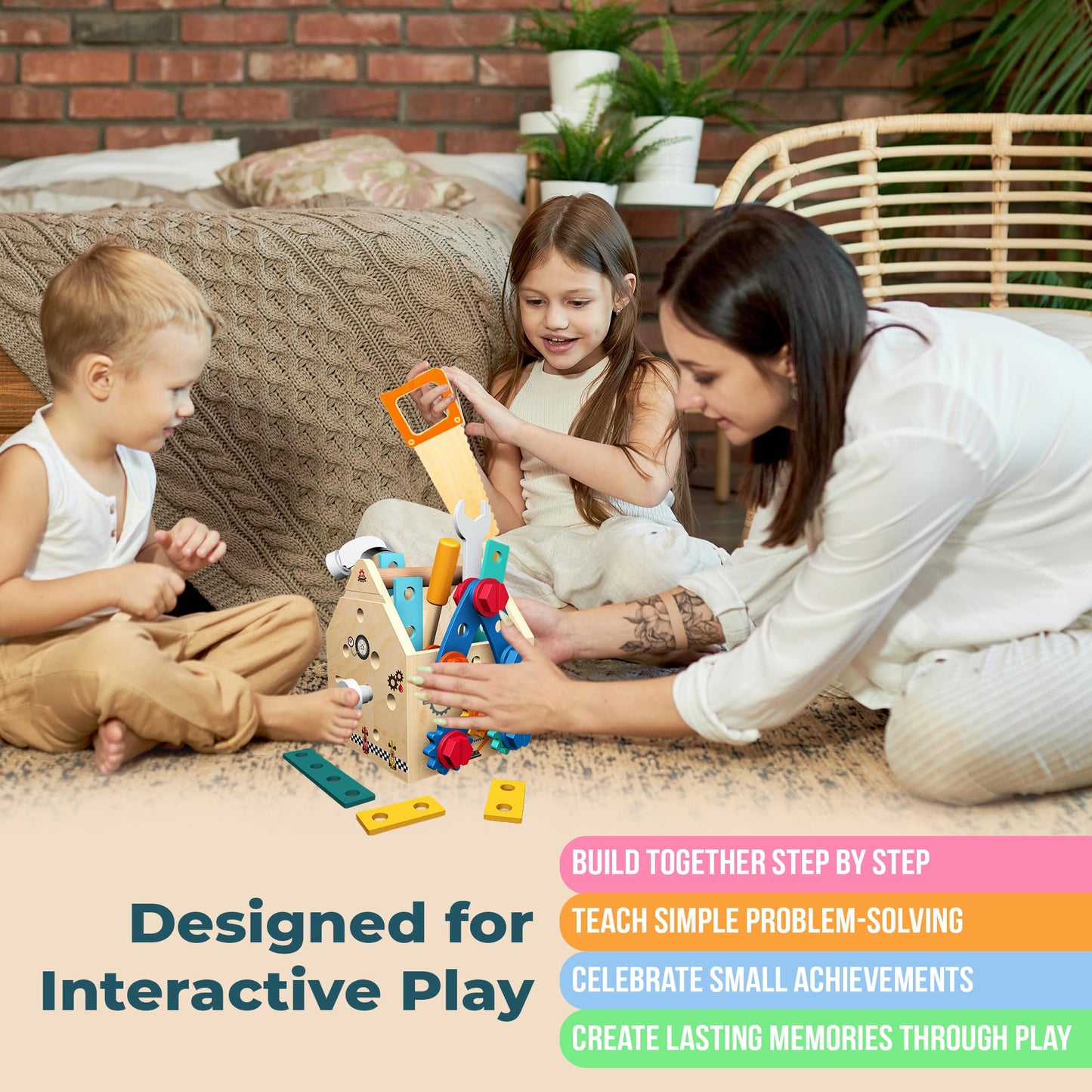 puzgic Educational Stem Kid Toys – Wooden Tool Set 4-in-1 Activity Board with Latches, Screw Assembly, Gear Game & Storage – Pretend Construction Toy for 3, 4,5,6,7 Years Boys & Girls