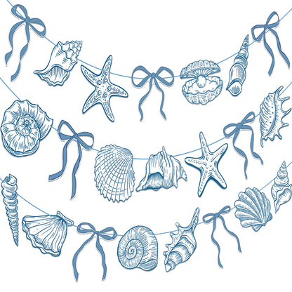 Summer Coastal Beach Party Supplies 3PCS Blue Bow Starfish and Seashell Banners Nautical Party Decor Sea Starfish Seashell Cutout Banner for Baby Shower Wedding Bachelorette Birthday Decorations
