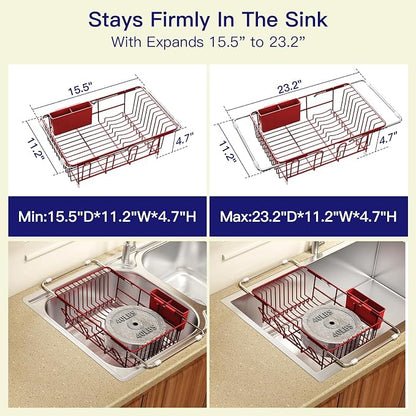 MAJALiS Red Dish Drying Rack Over The Sink with Utensil Holder | Expandable Stainless Steel Dish Drainer for Small Kitchen, Apartment, RV, Counter Space Saving, Perfect Fit, Rustproof