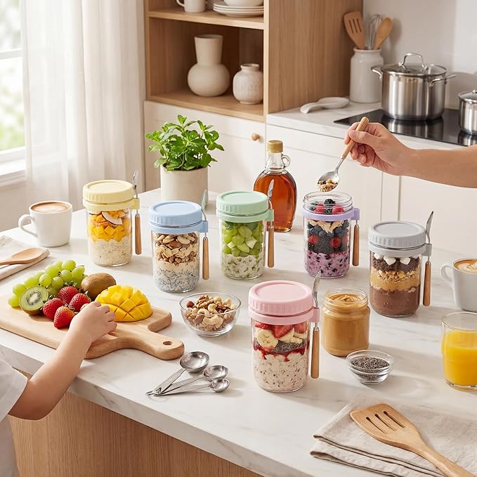 16oz - 2 Pack Overnight Oats Jars with Lids and Spoon, Overnight Oats Container with Lids, Airtigh Oatmeal Containers with Measurement Marks, Wide Mouth Mason Jars for Salad, Cereal - Pink & White