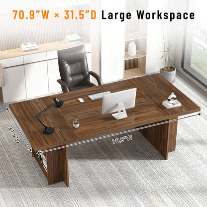 FOLUBAN 70 Inch Executive Desk, Large Computer Desk for Home Office, Long Study Writing Gaming Table for 2 Person, Modern Wood Conference Table Workstation, Rustic Walnut