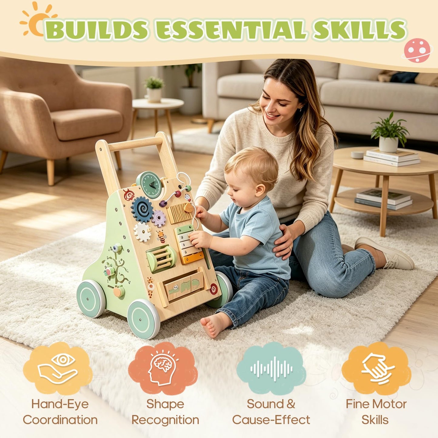 Brownroot Wooden Baby Walker with 10-in-1 Activity Center Adjustable Height Montessori Toddler Push Toy with Xylophone, Shape Sorter Gears for 1 2 3 Year Old Boys Girls