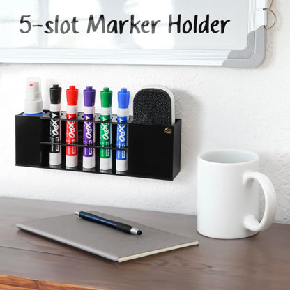 Slim Magnetic Dry Erase Marker Holder for Whiteboard, Space Saving Pen Organizer with Glass and Wall Mount Accessories for Fridge, Office, and School. Markers, Eraser, Cleaner Not Included (Black)