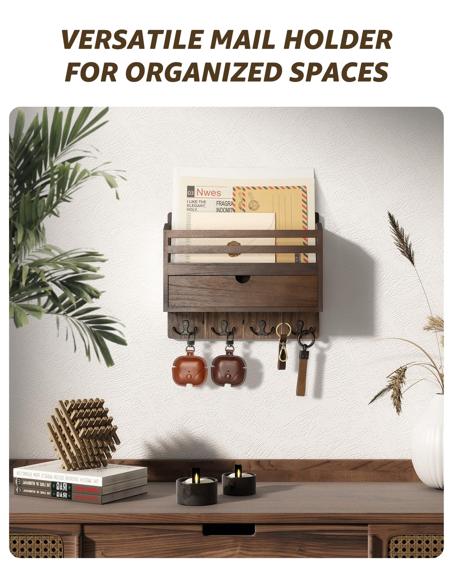 Rebee Vision Farmhouse Wood Mail Organizer Wall Mount - Key and Mail Holder for Wall with Storage Drawer and 7 Key Hooks - Rustic Home Decor for Entryway, Office and Garage (Retro Brown)