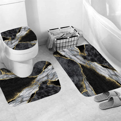 4 Pcs Marble Shower Curtain Sets, Gold Cracked Lines Crystal Geode Black Grey Bathroom Decor, Rug Toilet Lid Cover and Non-Slip U Shape Mat, Waterproof Polyester Shower Curtain with 12 Hooks, 72 x 72