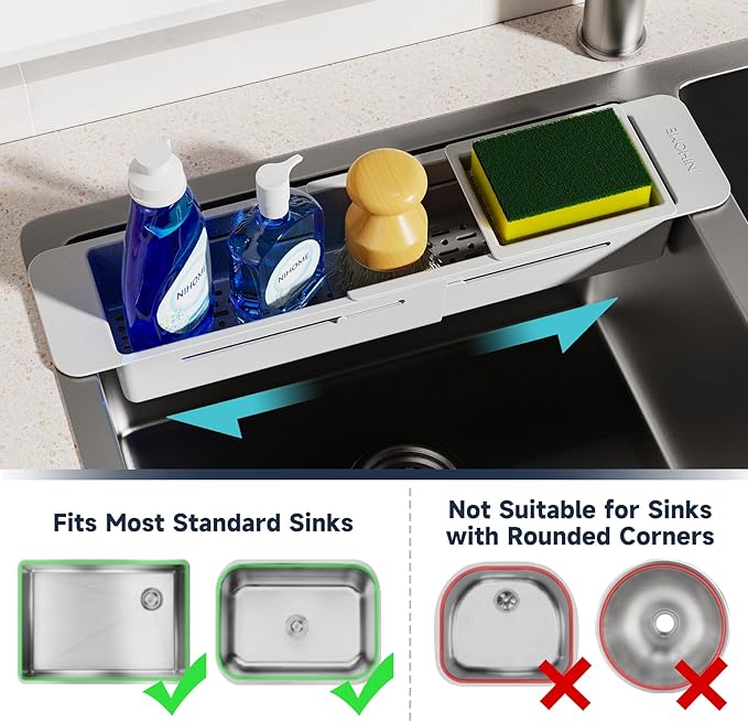 NiHome Extendable Over Sink Kitchen Organizer, Small Telescopic Brush Storage