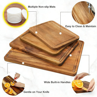 AZRHOM Large Wood Cutting Boards Set of 4 for Kitchen Cheese Charcuterie Board (Gift Box Included) Acacia Butcher Block with Non-slip Mats, Juice Groove and Handles (16x12, 14x10, double 11x8 inch)-4