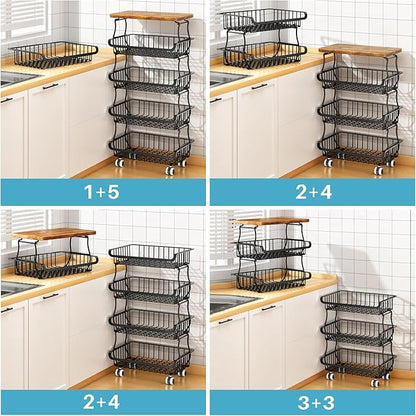 6 Tier Pantry Organizers and Storage Vegetable Fruit Basket for Kitchen, Stackable Flexible Design (3+3, 4+2, 5+1,6+0) Pantry organizers and storage for Kitchen Bathroom Livingroom Laundry Room Cart