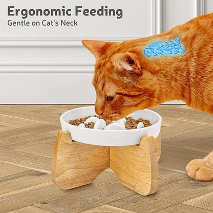 Raised Ceramic Slow Feeder Cat Bowl 6.3" Wide with Stand (1 Pack) | Anti-Gulping & Keep Fit, Dishwasher Safe, For Dry and Wet Food, For Cats and Small Dogs, Shallow Bottom Puzzle Feeder