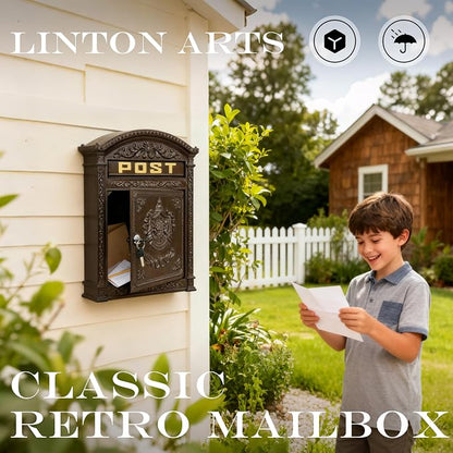 Vintage Lockable Mailbox, Heavy Duty Cast Aluminum Wall Mount Mailbox, Weatherproof Decorative Mail Box for Outside, Bronze Finish, Large Capacity