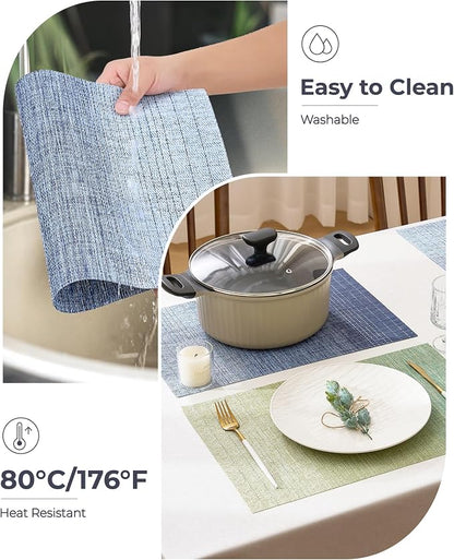 Leetaltree Gradient Blue Woven Placemats Set of 12 - Heat Resistant Non-Slip Place mats for Dining Table, Washable Durable PVC Vinyl Woven Table Mats(Gradient Blue, 12)