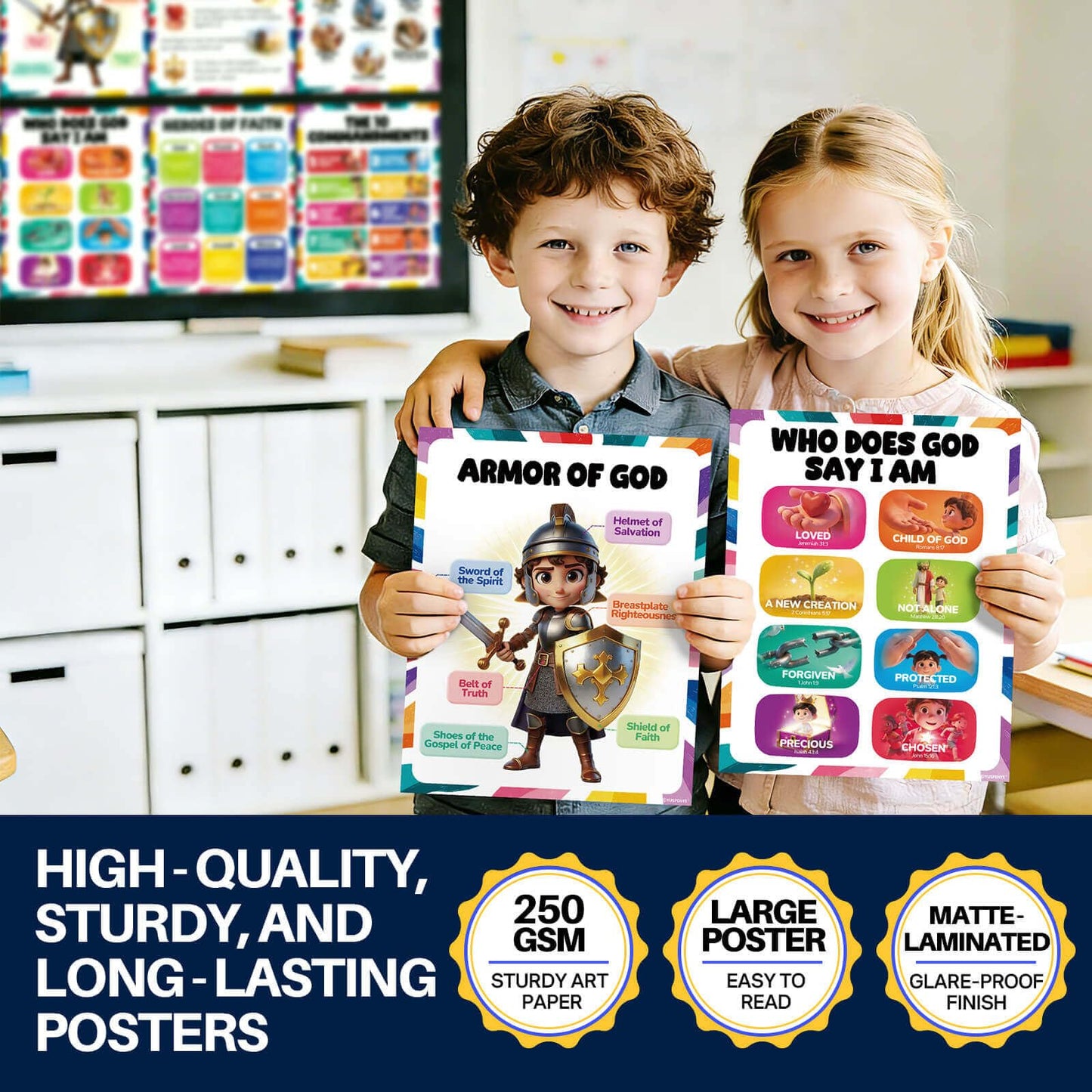 16pcs Bible Posters for Kids, 11x14in Sunday School Decorations for Classroom, Laminated Christian Wall Art with Glue Dots, Waterproof Books of the Bible Scripture Educational Prints for Homeschool