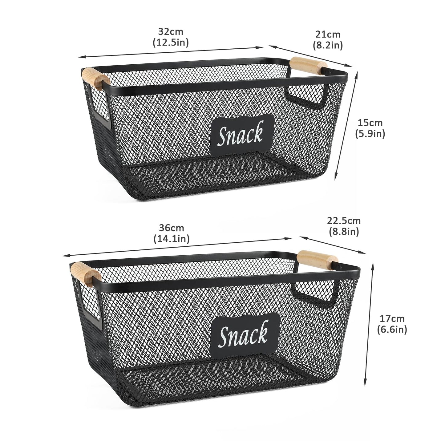 Xbopetda Snack Organizer for Pantry Shelf, 2 Pack Metal Mesh Snack Baskets with Wooden Handles, Snack Bin for Snack Bar Station, Kitchen Cabinet Pantry Organizers and Storage