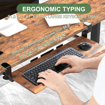 UPGRAVITY Extra Large Keyboard Tray Under Desk - Slide Out with Sturdy C-Clip Mount System, Extra Wide 31.5" (35.8" Including Clamps) x 11.8" Pull-Out Keyboard Computer Drawer, Rustic Vintage Brown