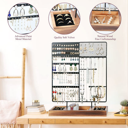 sovia Jewelry Organizer Stand,Earring Organizer with 84 Holes Ear Stud,Jewelry Organizer Holder with Wooden Tray for Earrings Necklaces Bracelets Watches and Rings,Earring Holder Organizer,Black