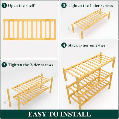 Smiry Shoe Rack, 3 Tier Bamboo Shoe Organizer, Stackable Free Standing Wooden Shoe Storage Shelf for Closet, Entryway, Front Door Entrance, Natural (Pack of 2)