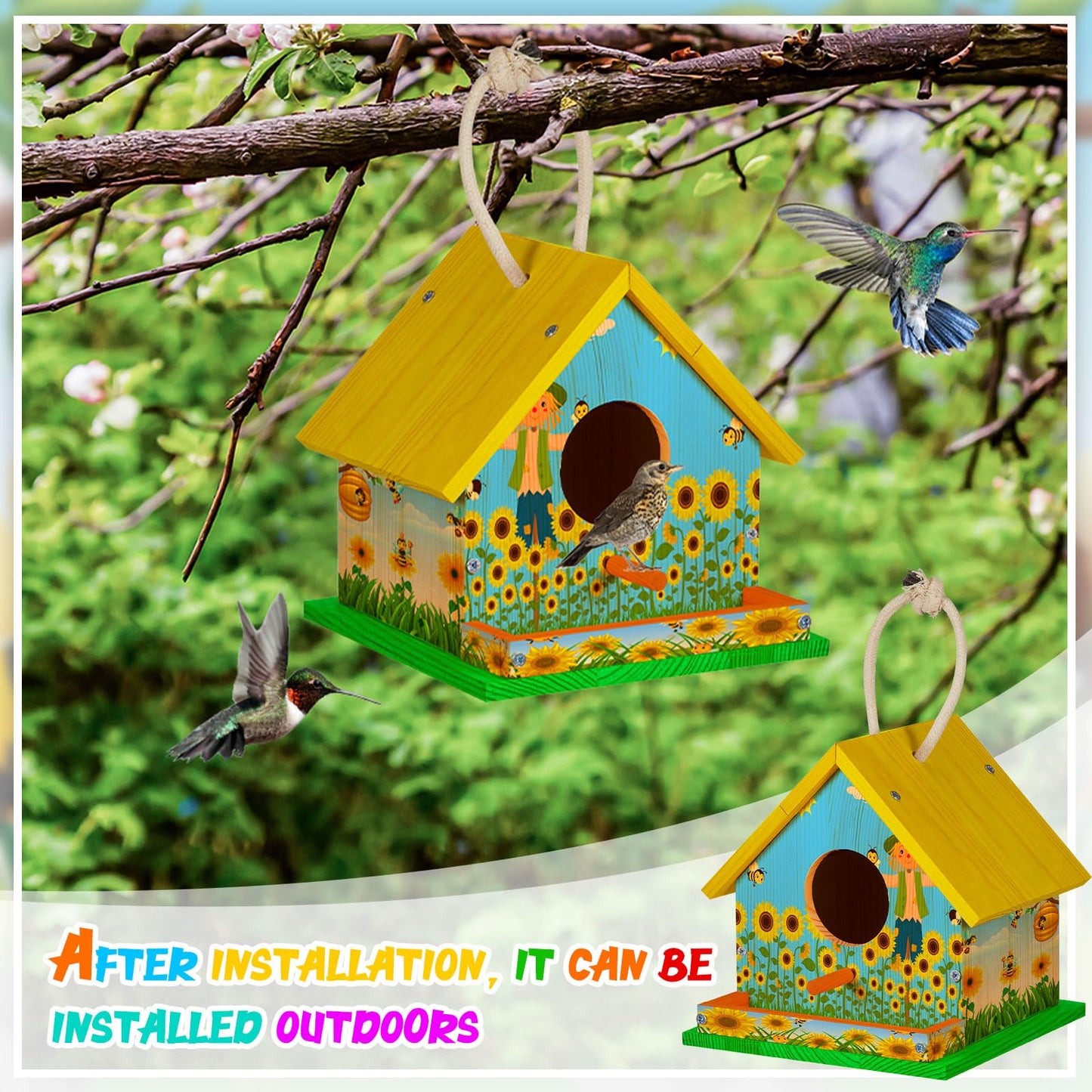 Liliful 12 Sets Wooden DIY Birdhouse Kit, Unfinished Bird Houses with Paints and Paintbrushes, Bird Feeder Craft Arts for Kids Ages 4-8, 8-12, Classroom Activity and Adults Wooden Craft Gifts