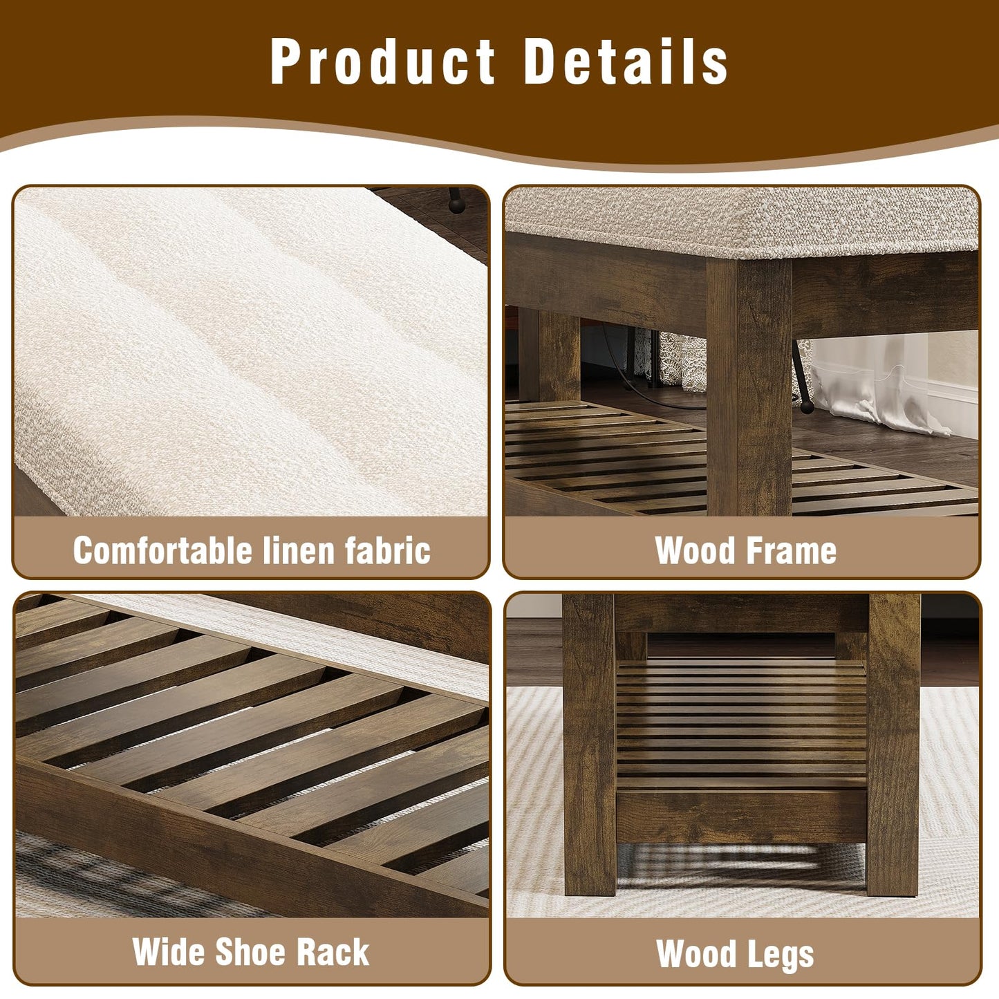 Welfuturer Large Upholstered Ottoman Bench Entryway Storage Benches Tufted Linen Ottoman Bench with Wood Shelf Padded End of Bed Bench for Bedroom Living Room Hallway Decor