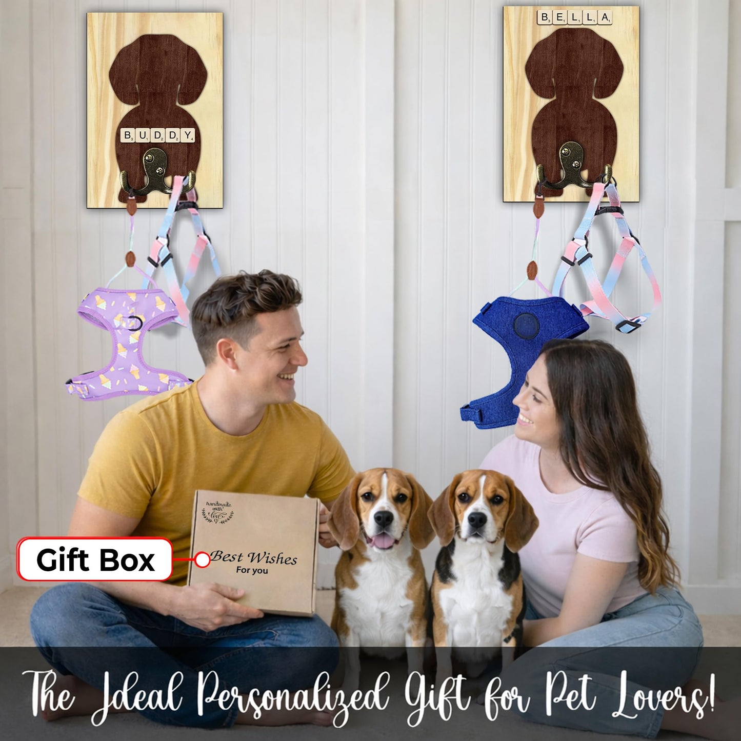 VINARTSVN Beagle Dog Leash Holder Wall Mount with Scrabble Letters, Wooden Dog Wall Hook Organizer, Pet Collar and Harness Hanger for Entryway, Key Hook Gift for Pet Lovers, Home Decoration PF297-8