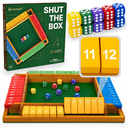 Large Shut The Box Game Wooden for 4 Players - Math Games -Family Games for Kids and Adults - 14-inch Close The Box Game 12 Numbers - Family Board Games