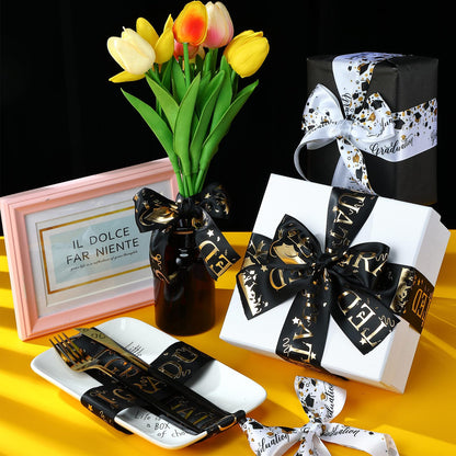 WILLBOND 2 Rolls Class of 2026 Graduation Craft Ribbons 7/8 Inch x 10 Yards Congrats Grad Black White Gold Satin Ribbon for Graduation Party Favors Ribbon for Wrapping Gifts Headband Bow