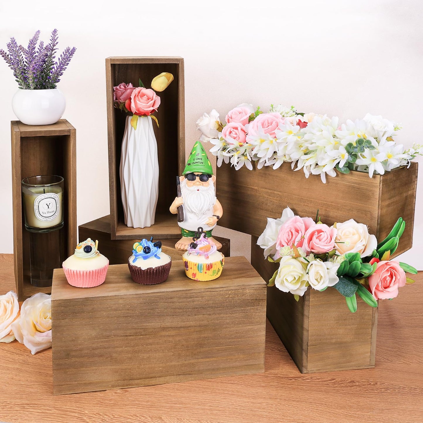 LEIFEOSH 6 Pcs Rustic Wooden Boxes for Storage, Decorative, Display, Arts & Crafts, Rectangle Wooden Crate Wood Planter Box Party Food Risers Wedding Table Centerpiece Home Decor, Brown
