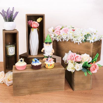 LEIFEOSH 6 Pcs Rustic Wooden Boxes for Storage, Decorative, Display, Arts & Crafts, Rectangle Wooden Crate Wood Planter Box Party Food Risers Wedding Table Centerpiece Home Decor, Brown