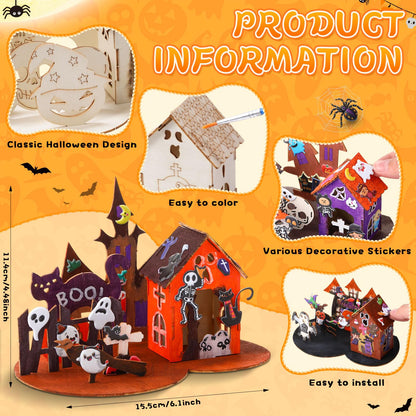 Poen 4 Set 3D Wooden Halloween Haunted House Crafts Kit DIY Wood Ghost House Puzzles Set with Paints Brushes Stickers for Halloween Home Table Decoration Party Gifts Supplies Indoor Decor