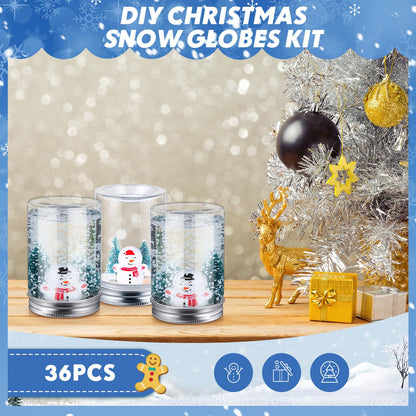 Jerify 36 Sets Christmas Plastic DIY Snow Globes Kit for Craft Adult Includes 36 Clear Snow Globe 3.1", 72 Mini Pine Tree with Base, 36 Miniature Snowman and Fake Snowflake for Table Home Xmas Decor