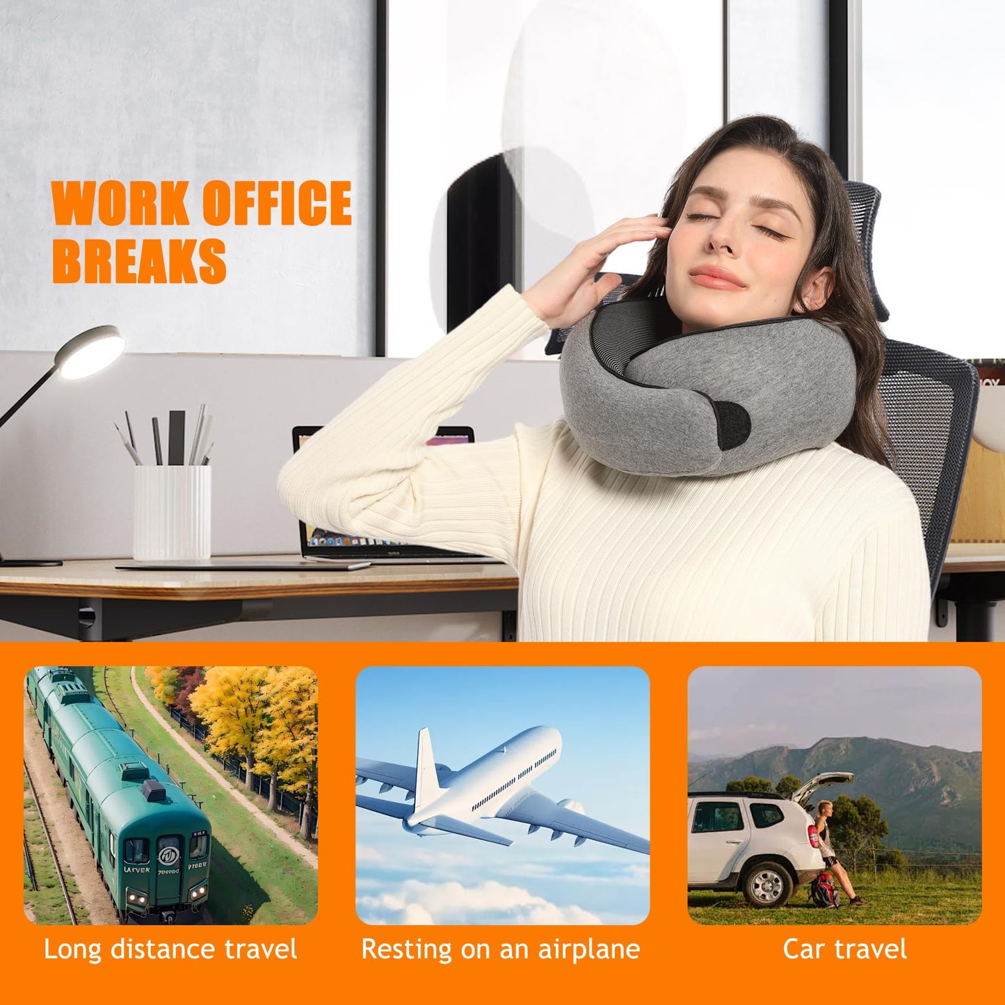 Travel Neck Pillows for Airplanes Or Trains, 360° Head Support Sleep for Long Flight, Skin-Friendly and Breathable, Kit with 3D Contoured Eye Mask, Earplugs and Storage Bag Gifts for Family