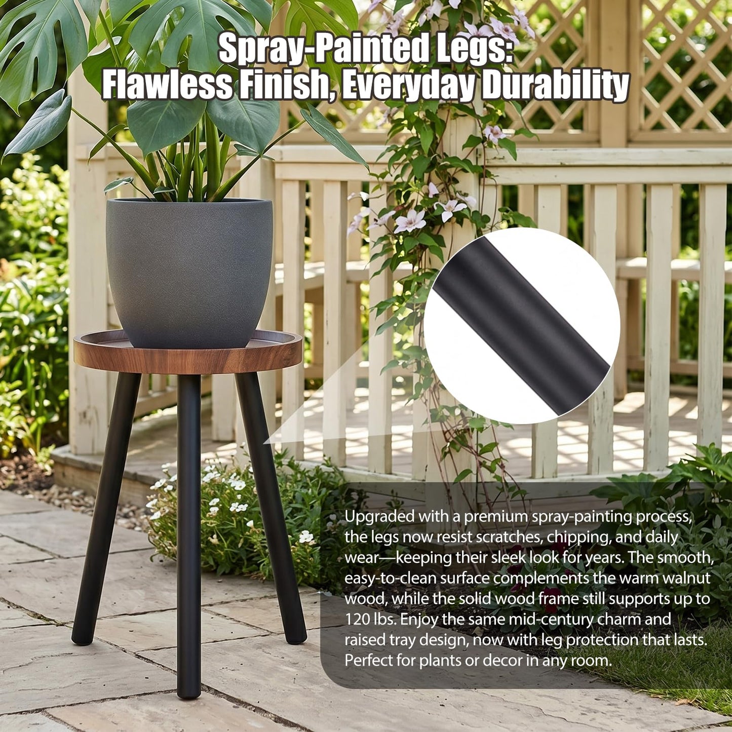 Mid Century Wood Plant Stand – 120 lbs Heavy Duty Plant Stand with Raised Tray & Spray Painted Legs, Solid Wood Side Table for Living Room, Bedroom, Entryway, Small Footprint for Plants, Decor (2 Pcs)