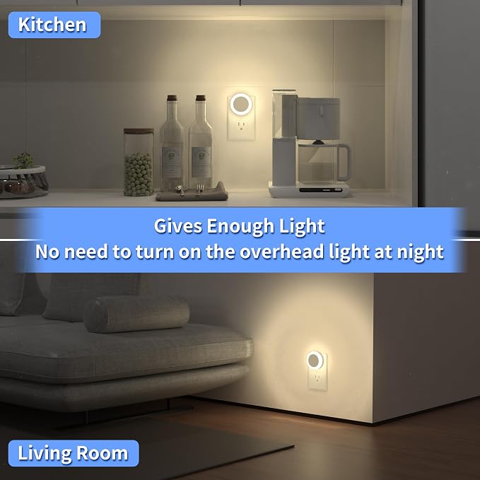 Night Light with High/Low/Off Switch, LED Manual Nightlight Max 20 Lumens, Indoor for Bathroom, Hallway, Bedroom, Kitchen, Warm White, Energy Efficient, ETL Listed, 4 Pack